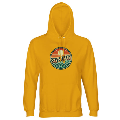 Say Salaam Sunset Glow Part-Recycled Unisex Cotton-Poly Hoodie in Gold, a rich golden yellow shade comparable to gamboge with warm depth. The circular Sunset Glow emblem complements the base colour, echoing sunset tones and horizon stripes in layered retro styling. Made from 80% cotton and 20% recycled polyester with brushed fleece lining and a substantial 280gsm feel. Designed for expressive football supporters and modest streetwear layering in cooler seasons.