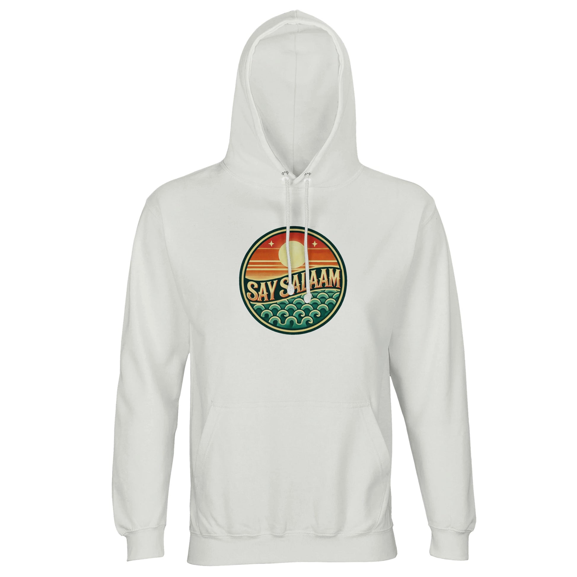 Say Salaam Sunset Glow Part-Recycled Unisex Cotton-Poly Hoodie in White, a crisp platinum white tone with a clean bright finish. Features the bold circular Sunset Glow badge centred on the chest, showcasing a rising sun over layered horizon stripes and stylised teal ocean waves in warm retro tones. Made from cotton and recycled polyester, GRS certified, with brushed fleece lining and a substantial 280gsm weight. A relaxed unisex hoodie ideal for modest Muslim streetwear and everyday winter layering.