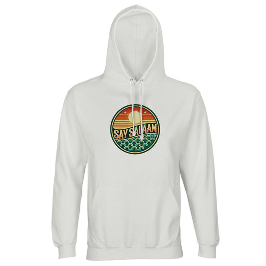 Say Salaam Sunset Glow Part-Recycled Unisex Cotton-Poly Hoodie in White, a crisp platinum white tone with a clean bright finish. Features the bold circular Sunset Glow badge centred on the chest, showcasing a rising sun over layered horizon stripes and stylised teal ocean waves in warm retro tones. Made from cotton and recycled polyester, GRS certified, with brushed fleece lining and a substantial 280gsm weight. A relaxed unisex hoodie ideal for modest Muslim streetwear and everyday winter layering.