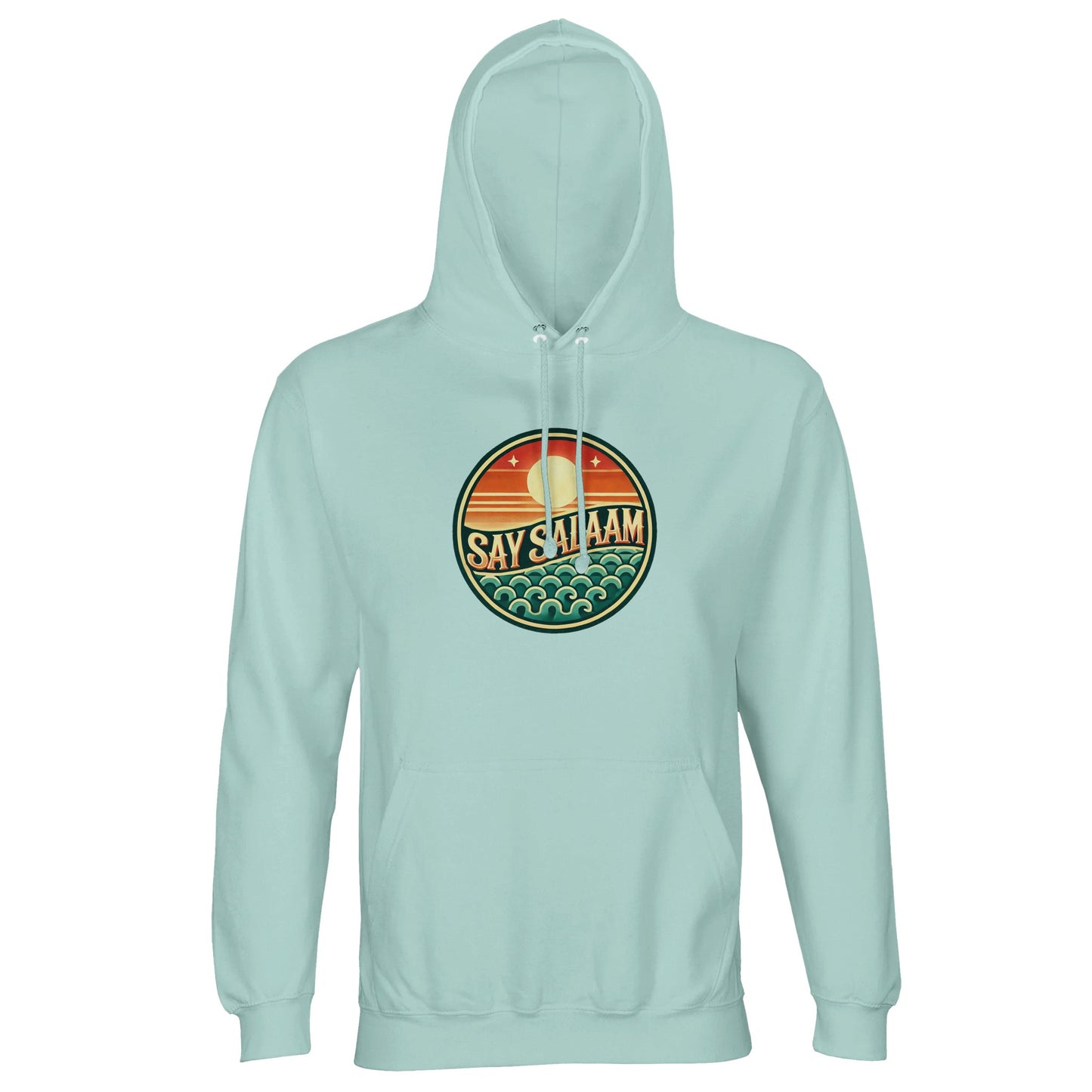 Say Salaam Sunset Glow Part-Recycled Unisex Cotton-Poly Hoodie in arctic blue, a cool icy blue shade similar to cadet blue with subtle marble undertones. The bold circular sunset emblem contrasts strongly, blending orange horizon stripes with teal wave detailing. Crafted from 80% cotton and 20% recycled polyester with brushed fleece lining and 280gsm structure for warmth. A relaxed unisex hoodie suited to football fans and modest contemporary street fashion.