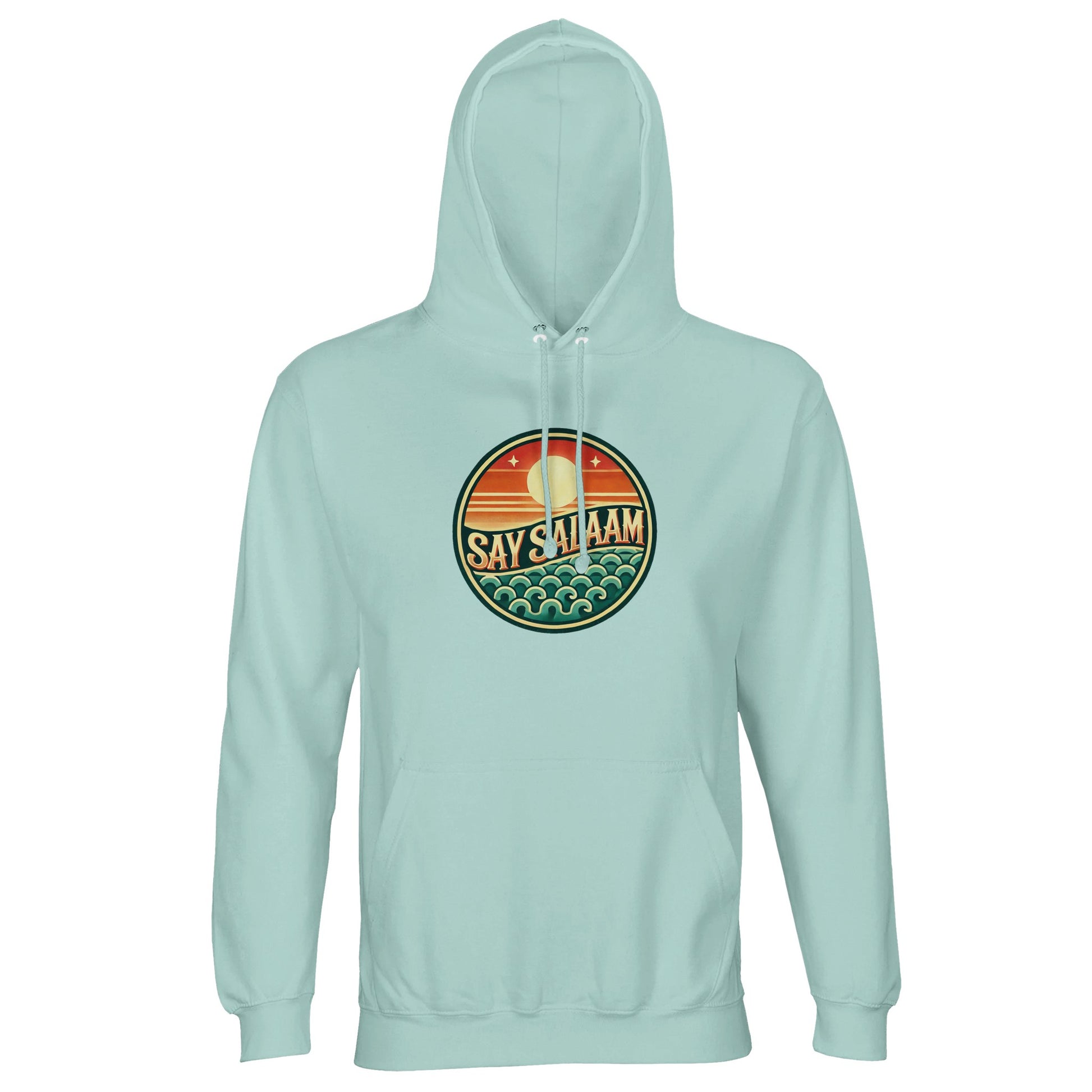 Say Salaam Sunset Glow Part-Recycled Unisex Cotton-Poly Hoodie in arctic blue, a cool icy blue shade similar to cadet blue with subtle marble undertones. The bold circular sunset emblem contrasts strongly, blending orange horizon stripes with teal wave detailing. Crafted from 80% cotton and 20% recycled polyester with brushed fleece lining and 280gsm structure for warmth. A relaxed unisex hoodie suited to football fans and modest contemporary street fashion.