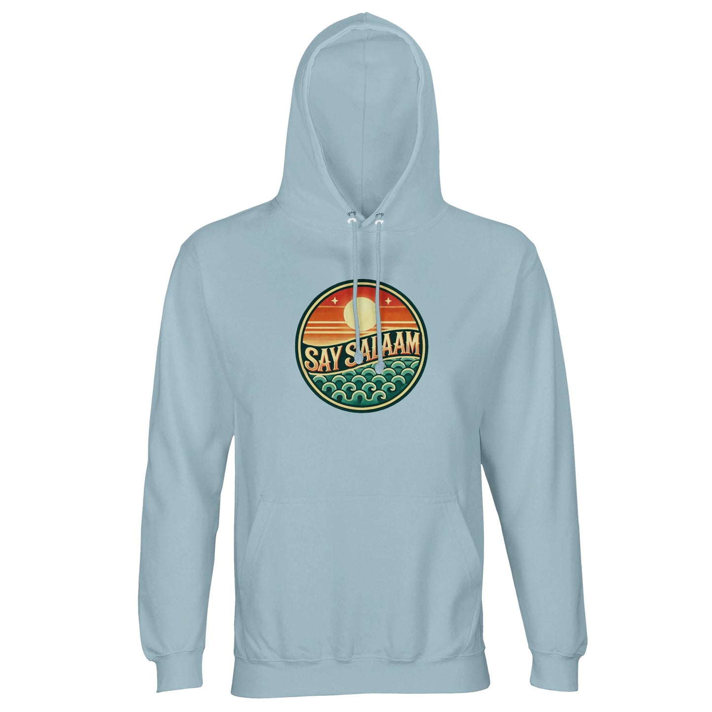 Say Salaam Sunset Glow Part-Recycled Unisex Cotton-Poly Hoodie in creamy blue, a soft pastel blue tone with light powder and blue-grey undertones. The vibrant Sunset Glow badge adds contrast with its layered sunset graphic and ocean-inspired design. Made from 80% cotton and 20% recycled polyester, GRS certified, featuring brushed fleece interior and substantial 280gsm weight. Perfect for football supporters and modest lifestyle wear in cooler weather.