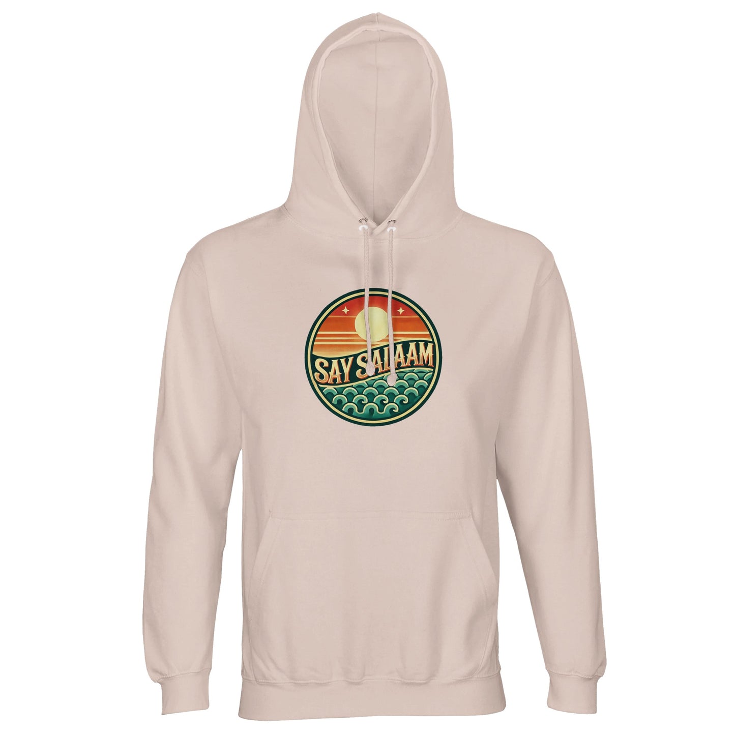 Say Salaam Sunset Glow Part-Recycled Unisex Cotton-Poly Hoodie in creamy pink, a soft blush tone comparable to oyster pink with pastel warmth. The bold sunset badge contrasts beautifully, combining layered horizon stripes and ocean-inspired wave detailing. Made from 80% cotton and 20% recycled polyester, GRS certified, with brushed fleece lining and substantial 280gsm weight. Designed for football fans and modest streetwear enthusiasts seeking softer tones at a good price.