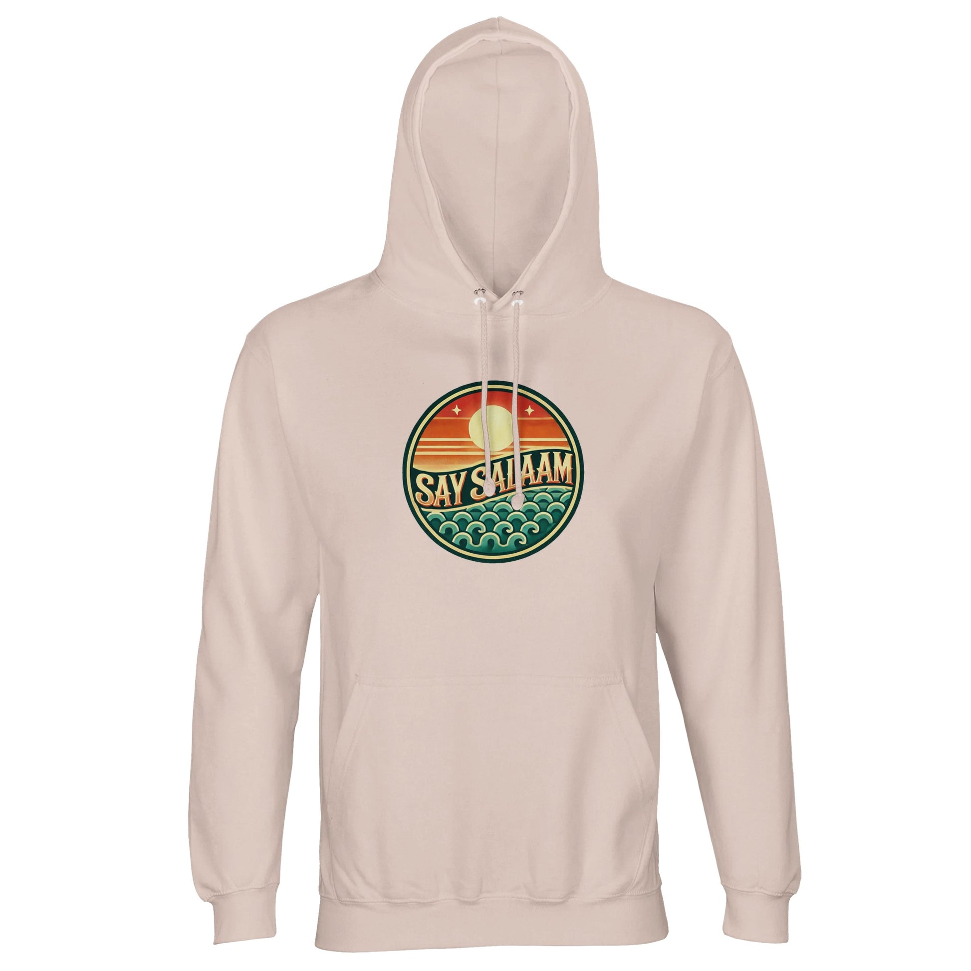 Say Salaam Sunset Glow Part-Recycled Unisex Cotton-Poly Hoodie in creamy pink, a soft blush tone comparable to oyster pink with pastel warmth. The bold sunset badge contrasts beautifully, combining layered horizon stripes and ocean-inspired wave detailing. Made from 80% cotton and 20% recycled polyester, GRS certified, with brushed fleece lining and substantial 280gsm weight. Designed for football fans and modest streetwear enthusiasts seeking softer tones at a good price.