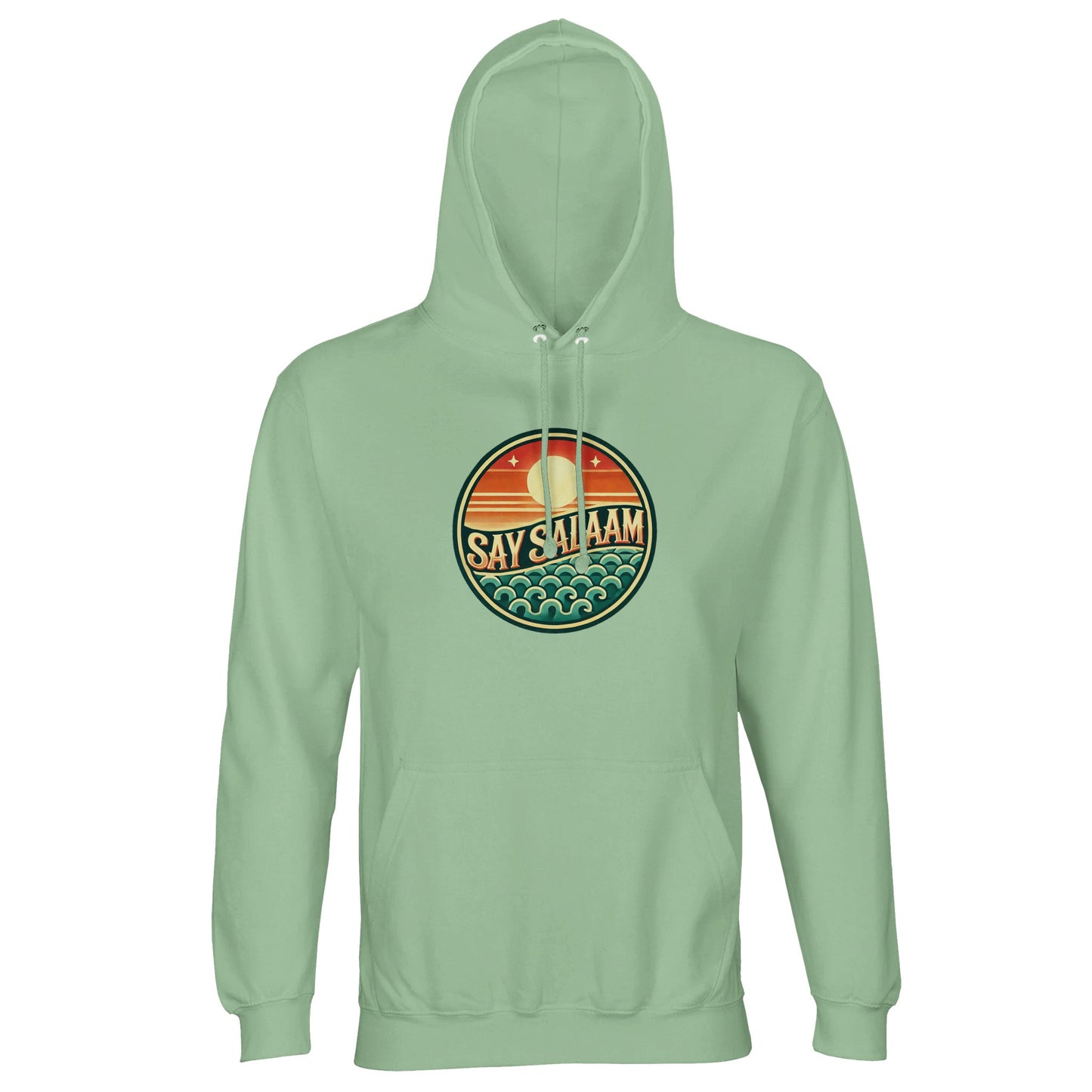 Say Salaam Sunset Glow Part-Recycled Unisex Cotton-Poly Hoodie in frozen green, a cool pale mint shade with opal undertones and subtle sea green freshness. The circular Sunset Glow emblem stands out clearly, featuring warm sun gradients and teal wave graphics. Crafted from 80% cotton and 20% recycled polyester with brushed fleece interior and 280gsm fabric weight. A modern unisex hoodie suited for football culture and modest layering for a cheap price at high quality.