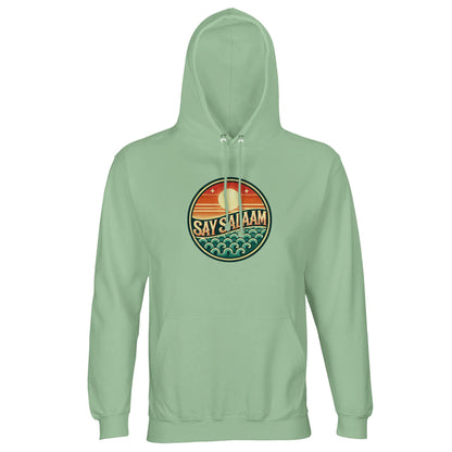 Say Salaam Sunset Glow Part-Recycled Unisex Cotton-Poly Hoodie in frozen green, a cool pale mint shade with opal undertones and subtle sea green freshness. The circular Sunset Glow emblem stands out clearly, featuring warm sun gradients and teal wave graphics. Crafted from 80% cotton and 20% recycled polyester with brushed fleece interior and 280gsm fabric weight. A modern unisex hoodie suited for football culture and modest layering for a cheap price at high quality.