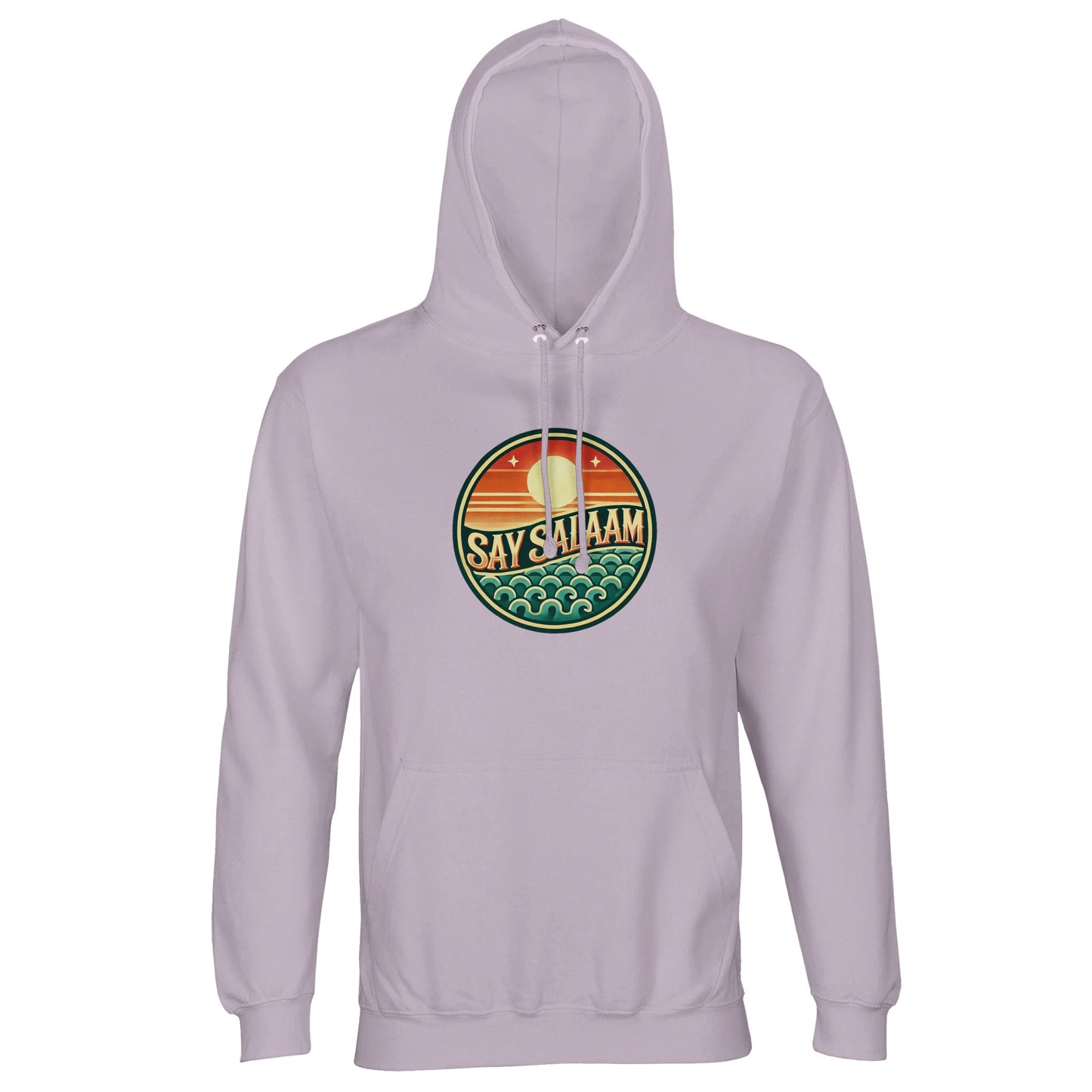 Say Salaam Sunset Glow Part-Recycled Unisex Cotton-Poly Hoodie in lilak, a soft lilac tone also described as wisteria purple with gentle pastel depth. The vibrant sunset badge contrasts elegantly against the cool base colour. Made from 80% cotton and 20% recycled polyester, GRS certified, featuring brushed fleece lining and durable 280gsm weight. Ideal for expressive football fans and modest contemporary streetwear styling for a good price.