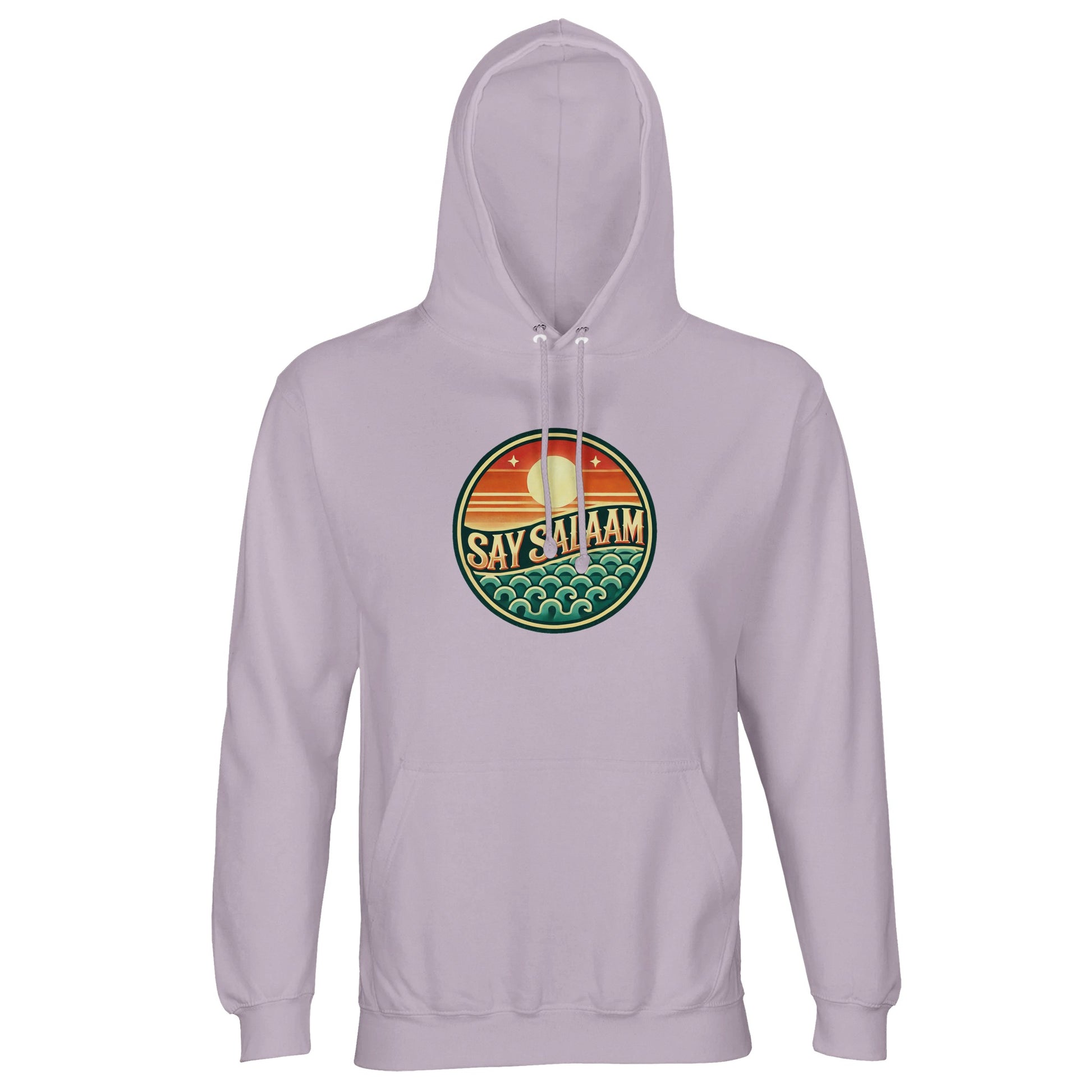 Say Salaam Sunset Glow Part-Recycled Unisex Cotton-Poly Hoodie in lilak, a soft lilac tone also described as wisteria purple with gentle pastel depth. The vibrant sunset badge contrasts elegantly against the cool base colour. Made from 80% cotton and 20% recycled polyester, GRS certified, featuring brushed fleece lining and durable 280gsm weight. Ideal for expressive football fans and modest contemporary streetwear styling for a good price.
