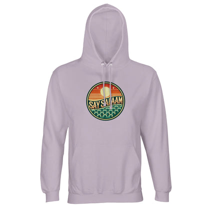 Say Salaam Sunset Glow Part-Recycled Unisex Cotton-Poly Hoodie in lilak, a soft lilac tone also described as wisteria purple with gentle pastel depth. The vibrant sunset badge contrasts elegantly against the cool base colour. Made from 80% cotton and 20% recycled polyester, GRS certified, featuring brushed fleece lining and durable 280gsm weight. Ideal for expressive football fans and modest contemporary streetwear styling for a good price.