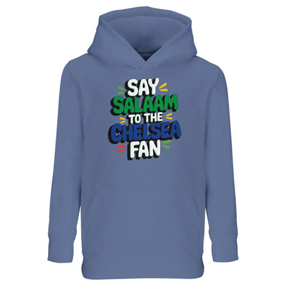 Blue / Classic Blue kids hoodie showcasing the vibrant Say Salaam to the Chelsea Fan illustration across the chest. Created for Muslim Chelsea supporters, it combines a strong football slogan with practical warmth and comfort. Ideal for layering in cooler weather, school days or stadium visits. Durable construction and soft interior deliver high quality at a cheap price point families appreciate. A meaningful Eid present or Supporters Group gift celebrating Chelsea FC pride and positive Muslim identity.