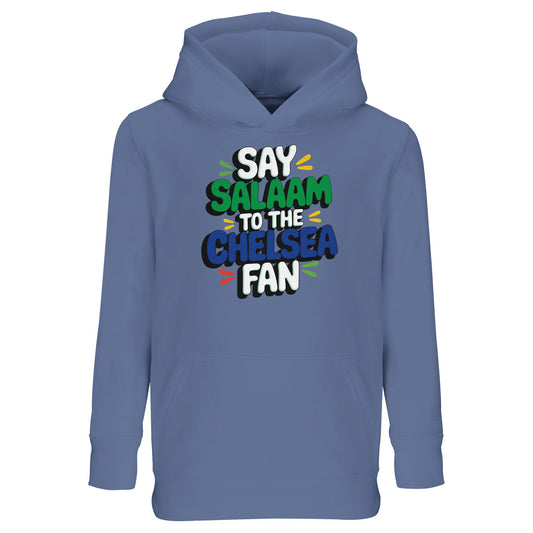 Blue / Classic Blue kids hoodie showcasing the vibrant Say Salaam to the Chelsea Fan illustration across the chest. Created for Muslim Chelsea supporters, it combines a strong football slogan with practical warmth and comfort. Ideal for layering in cooler weather, school days or stadium visits. Durable construction and soft interior deliver high quality at a cheap price point families appreciate. A meaningful Eid present or Supporters Group gift celebrating Chelsea FC pride and positive Muslim identity.