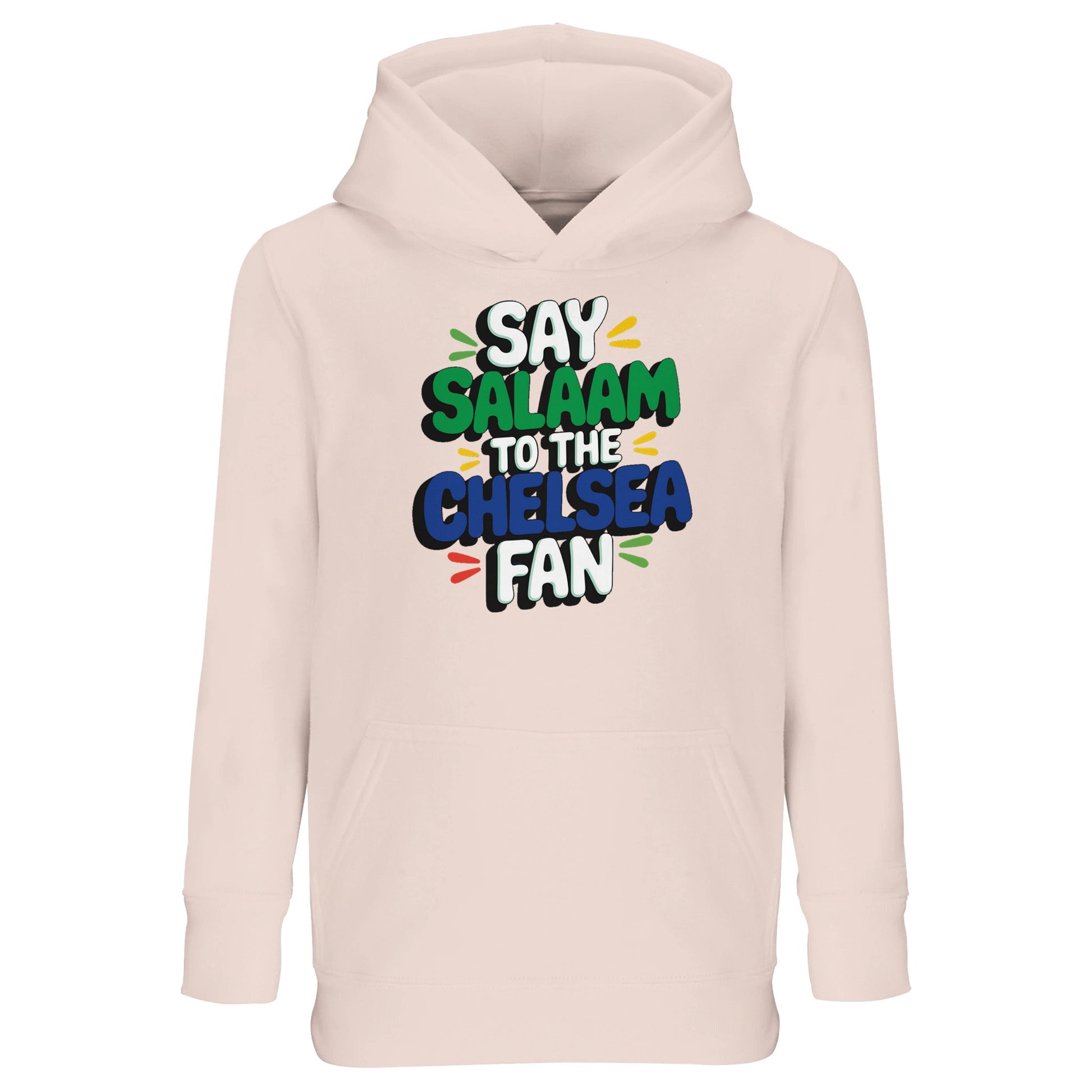 Creamy Pink / Oyster Pink kids hoodie featuring the colourful Say Salaam to the Chelsea Fan slogan design. Perfect for Muslim football supporters seeking a softer tone without losing matchday spirit. Warm brushed interior, comfortable fit and durable finish provide high quality at a cheap price families appreciate. Ideal for school, casual wear or stadium days. A stylish Eid or Supporters Group gift celebrating Chelsea FC pride.