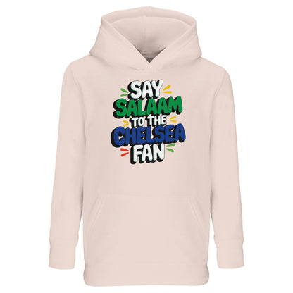 Creamy Pink / Oyster Pink kids hoodie featuring the colourful Say Salaam to the Chelsea Fan slogan design. Perfect for Muslim football supporters seeking a softer tone without losing matchday spirit. Warm brushed interior, comfortable fit and durable finish provide high quality at a cheap price families appreciate. Ideal for school, casual wear or stadium days. A stylish Eid or Supporters Group gift celebrating Chelsea FC pride.