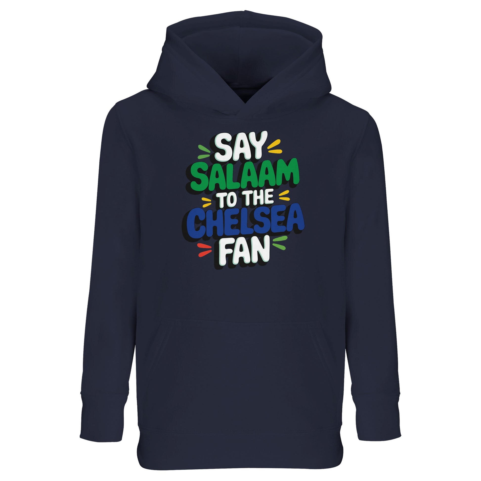 French Navy / Dark Navy kids hoodie featuring the standout Say Salaam to the Chelsea Fan slogan design. Perfect for young Muslim football fans who want modest, comfortable streetwear with bold illustration. Warm brushed interior and relaxed fit support active days from playground to matchday. High quality feel with long-lasting durability at an affordable price makes it a practical wardrobe staple. An ideal Eid or Supporters Group gift for loyal Chelsea FC supporters.