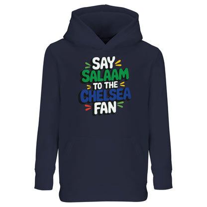 French Navy / Dark Navy kids hoodie featuring the standout Say Salaam to the Chelsea Fan slogan design. Perfect for young Muslim football fans who want modest, comfortable streetwear with bold illustration. Warm brushed interior and relaxed fit support active days from playground to matchday. High quality feel with long-lasting durability at an affordable price makes it a practical wardrobe staple. An ideal Eid or Supporters Group gift for loyal Chelsea FC supporters.