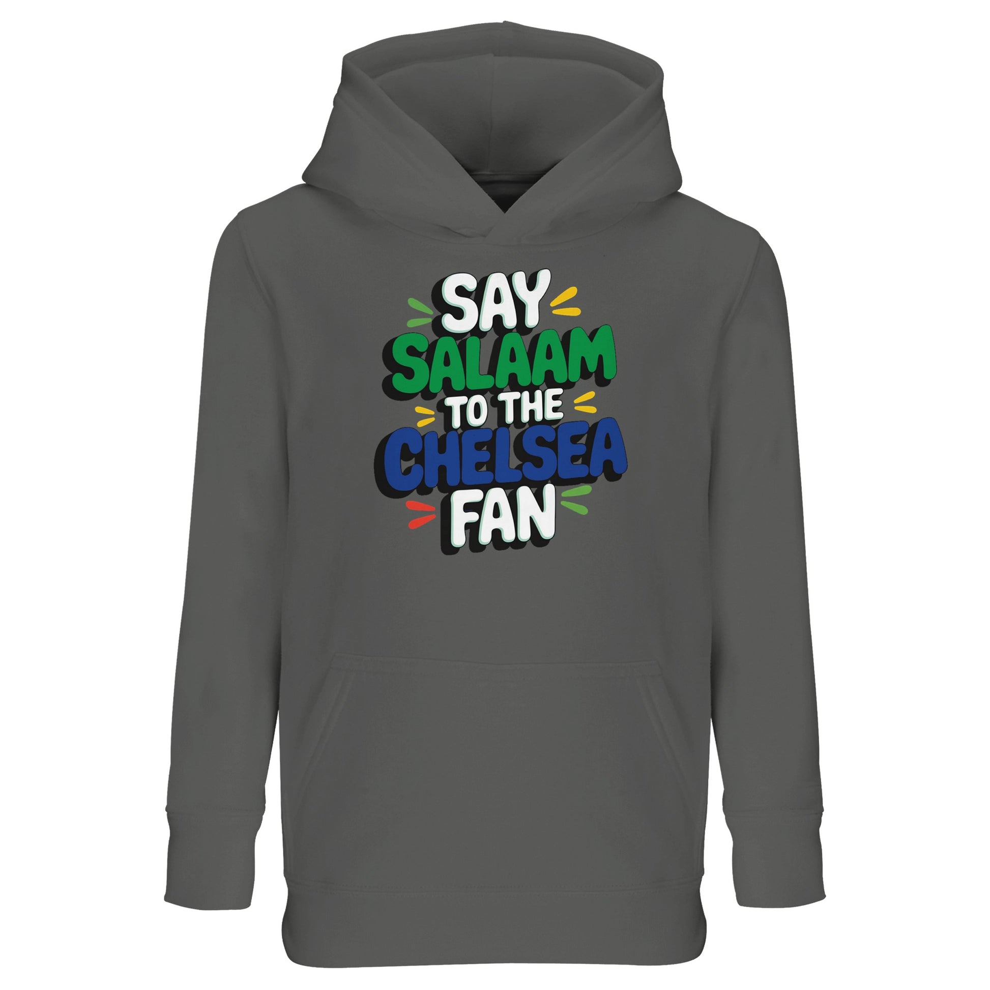 Grey Melange / Heather Grey kids hoodie displaying the lively Say Salaam to the Chelsea Fan artwork. Blending Muslim identity with football culture, this warm and comfortable hoodie suits school, casual wear and cooler evenings. Soft texture and dependable fit offer high quality at a cheap price shoppers look for. Durable stitching ensures it stands up to everyday use. A thoughtful Eid or Supporters Group present for young Chelsea FC fans.
