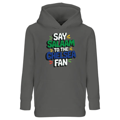 Grey Melange / Heather Grey kids hoodie displaying the lively Say Salaam to the Chelsea Fan artwork. Blending Muslim identity with football culture, this warm and comfortable hoodie suits school, casual wear and cooler evenings. Soft texture and dependable fit offer high quality at a cheap price shoppers look for. Durable stitching ensures it stands up to everyday use. A thoughtful Eid or Supporters Group present for young Chelsea FC fans.
