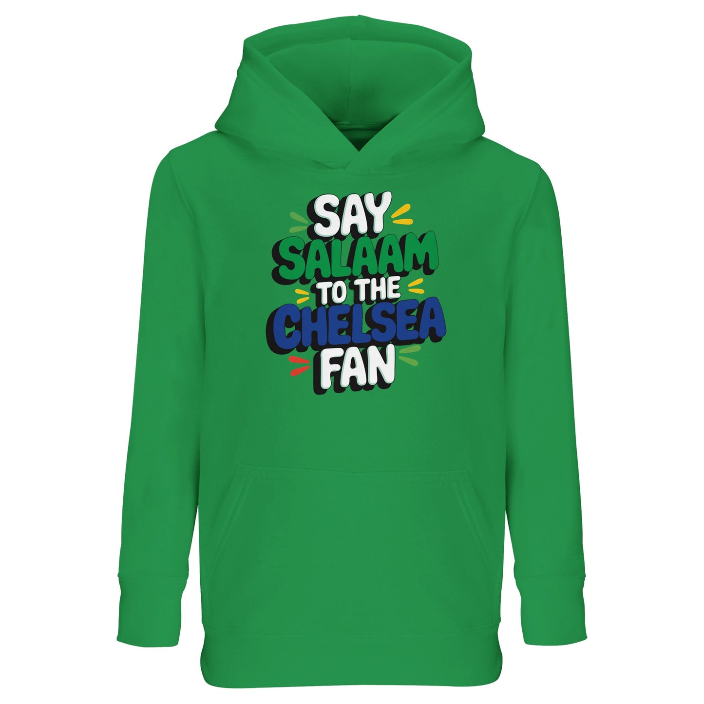 Kelly Green / Bright Green kids hoodie with bold Say Salaam to the Chelsea Fan slogan illustration. Designed for confident Muslim football supporters, it pairs vibrant colour with cosy warmth and comfort. Ideal for layering during colder months or wearing casually at training and matches. High quality construction at an affordable price makes it popular with families seeking durable hoodies. A standout Eid or Supporters Group gift for Chelsea FC supporters.