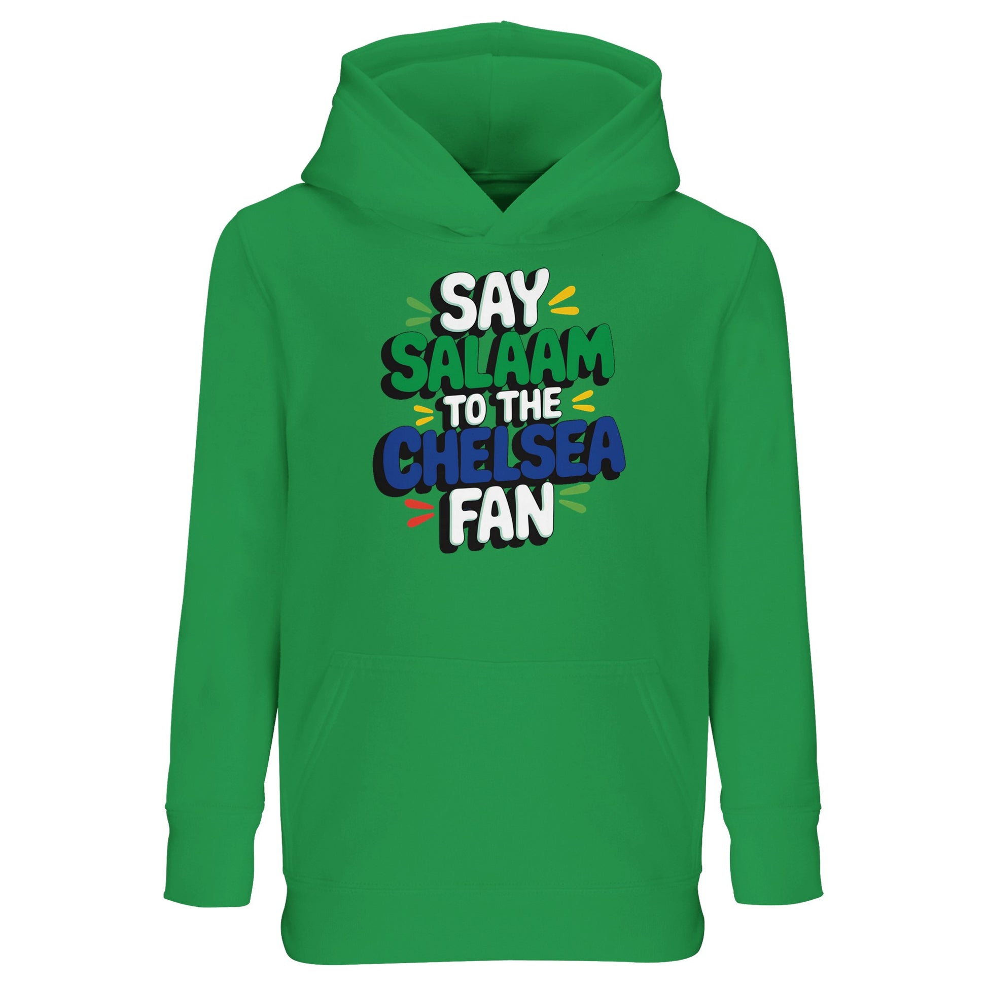 Kelly Green / Bright Green kids hoodie with bold Say Salaam to the Chelsea Fan slogan illustration. Designed for confident Muslim football supporters, it pairs vibrant colour with cosy warmth and comfort. Ideal for layering during colder months or wearing casually at training and matches. High quality construction at an affordable price makes it popular with families seeking durable hoodies. A standout Eid or Supporters Group gift for Chelsea FC supporters.