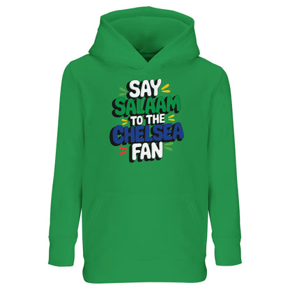 Kelly Green / Bright Green kids hoodie with bold Say Salaam to the Chelsea Fan slogan illustration. Designed for confident Muslim football supporters, it pairs vibrant colour with cosy warmth and comfort. Ideal for layering during colder months or wearing casually at training and matches. High quality construction at an affordable price makes it popular with families seeking durable hoodies. A standout Eid or Supporters Group gift for Chelsea FC supporters.