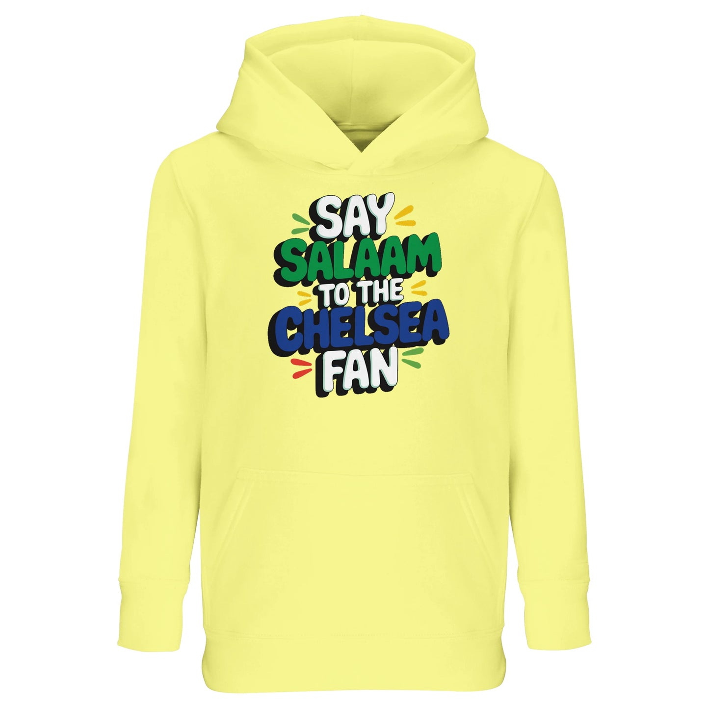 Light Yellow / Soft Yellow kids hoodie featuring the cheerful Say Salaam to the Chelsea Fan design. A fresh option for Muslim Chelsea supporters, combining bold football illustration with everyday comfort. Warm, soft and easy to care for, it works for school, stadium visits and weekend wear. Parents looking for affordable, high quality hoodies at a cheap price will appreciate its durability. A meaningful Eid or Supporters Group gift.