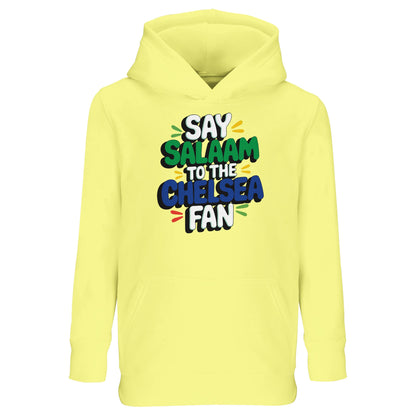 Light Yellow / Soft Yellow kids hoodie featuring the cheerful Say Salaam to the Chelsea Fan design. A fresh option for Muslim Chelsea supporters, combining bold football illustration with everyday comfort. Warm, soft and easy to care for, it works for school, stadium visits and weekend wear. Parents looking for affordable, high quality hoodies at a cheap price will appreciate its durability. A meaningful Eid or Supporters Group gift.