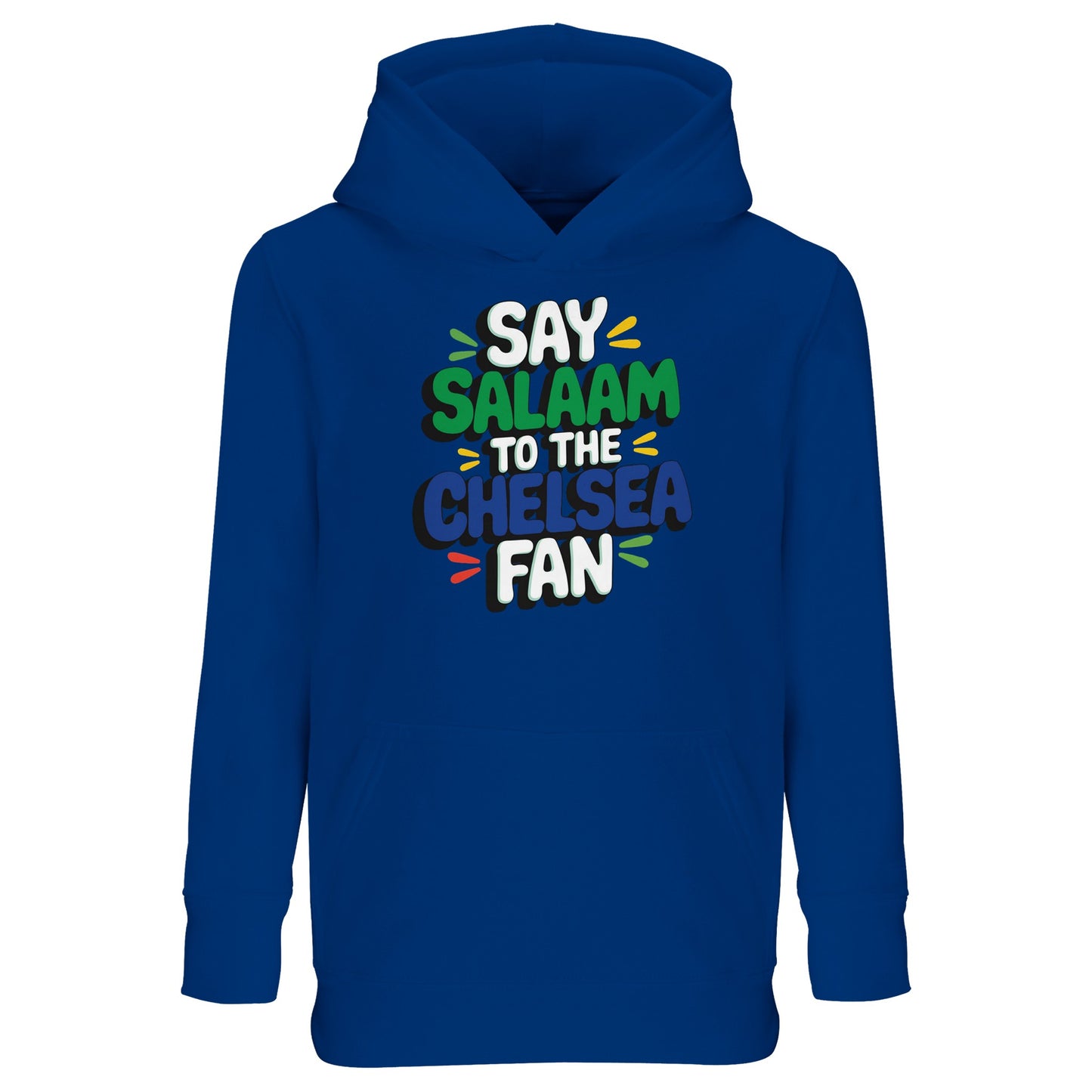 Royal Blue / Deep Royal kids hoodie showcasing the dynamic Say Salaam to the Chelsea Fan slogan artwork. Created for Muslim football fans, it delivers warmth, comfort and a strong matchday statement. Relaxed fit and durable fabric make it suitable for active kids throughout the season. High quality feel at a cheap price point adds everyday value. An excellent Eid or Supporters Group gift celebrating Chelsea FC pride.