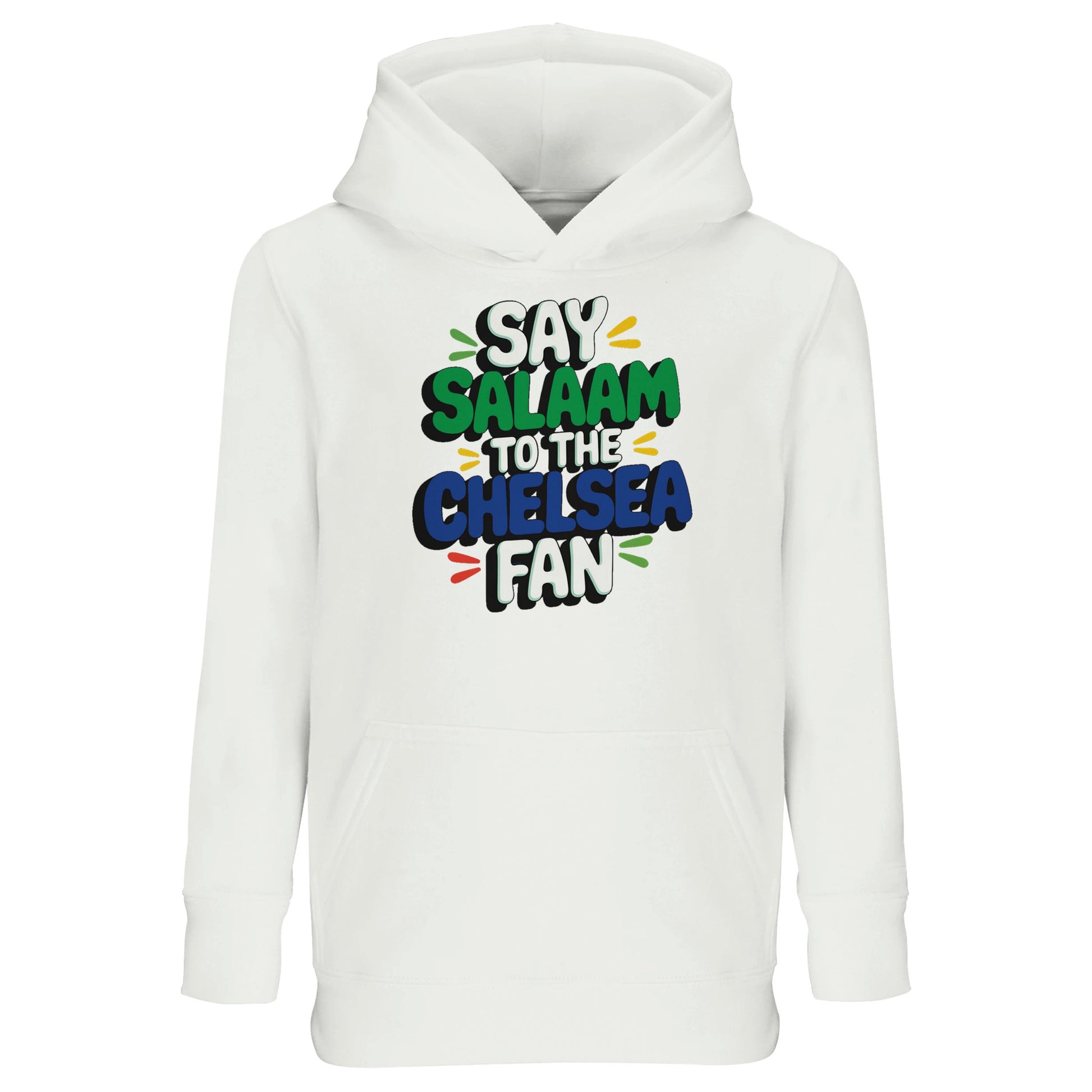 White / Platinum kids hoodie featuring the bold Say Salaam to the Chelsea Fan slogan in colourful illustration. Designed for young Muslim football supporters, this warm and comfortable hoodie blends everyday modest style with matchday energy. Soft feel, relaxed fit and durable finish make it ideal for school or weekend wear. Parents love high quality, affordable hoodies at a cheap price will value its reliable fit and lasting comfort. A thoughtful Eid or Supporters Group gift for future Chelsea FC fans.
