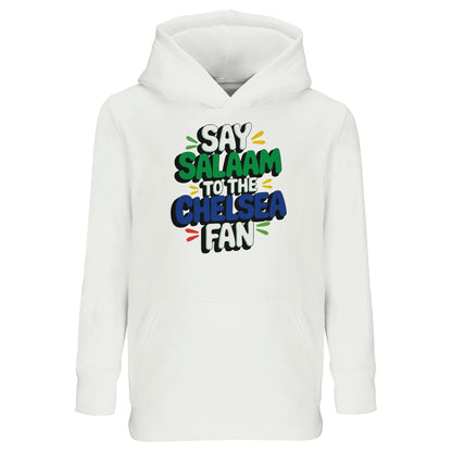 White / Platinum kids hoodie featuring the bold Say Salaam to the Chelsea Fan slogan in colourful illustration. Designed for young Muslim football supporters, this warm and comfortable hoodie blends everyday modest style with matchday energy. Soft feel, relaxed fit and durable finish make it ideal for school or weekend wear. Parents love high quality, affordable hoodies at a cheap price will value its reliable fit and lasting comfort. A thoughtful Eid or Supporters Group gift for future Chelsea FC fans.