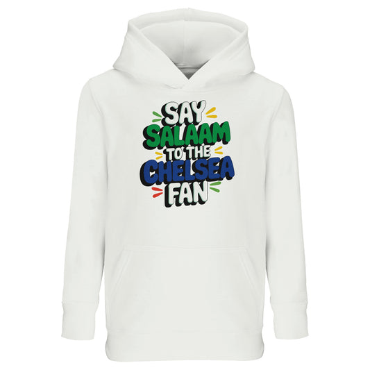 White / Platinum kids hoodie featuring the bold Say Salaam to the Chelsea Fan slogan in colourful illustration. Designed for young Muslim football supporters, this warm and comfortable hoodie blends everyday modest style with matchday energy. Soft feel, relaxed fit and durable finish make it ideal for school or weekend wear. Parents love high quality, affordable hoodies at a cheap price will value its reliable fit and lasting comfort. A thoughtful Eid or Supporters Group gift for future Chelsea FC fans.