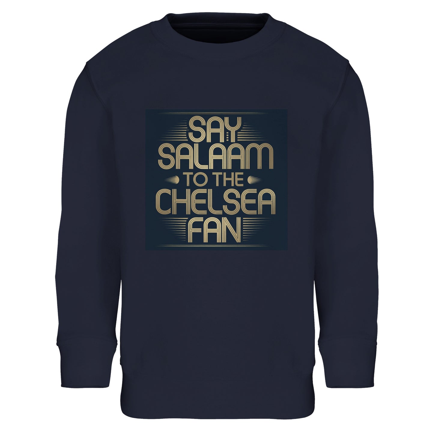 French Navy / Ebony Clay kids sweatshirt displaying the Say Salaam to the Chelsea Fan illustration in a classic deep tone. Created for young Muslim Chelsea fans, it pairs vintage-inspired styling with modern comfort. Warm, soft and durable, it’s ideal for layering on matchday or wearing to school. High quality construction at a cheap price point appeals to parents looking beyond typical Megastore options. A strong Eid or Supporters Group gift choice.