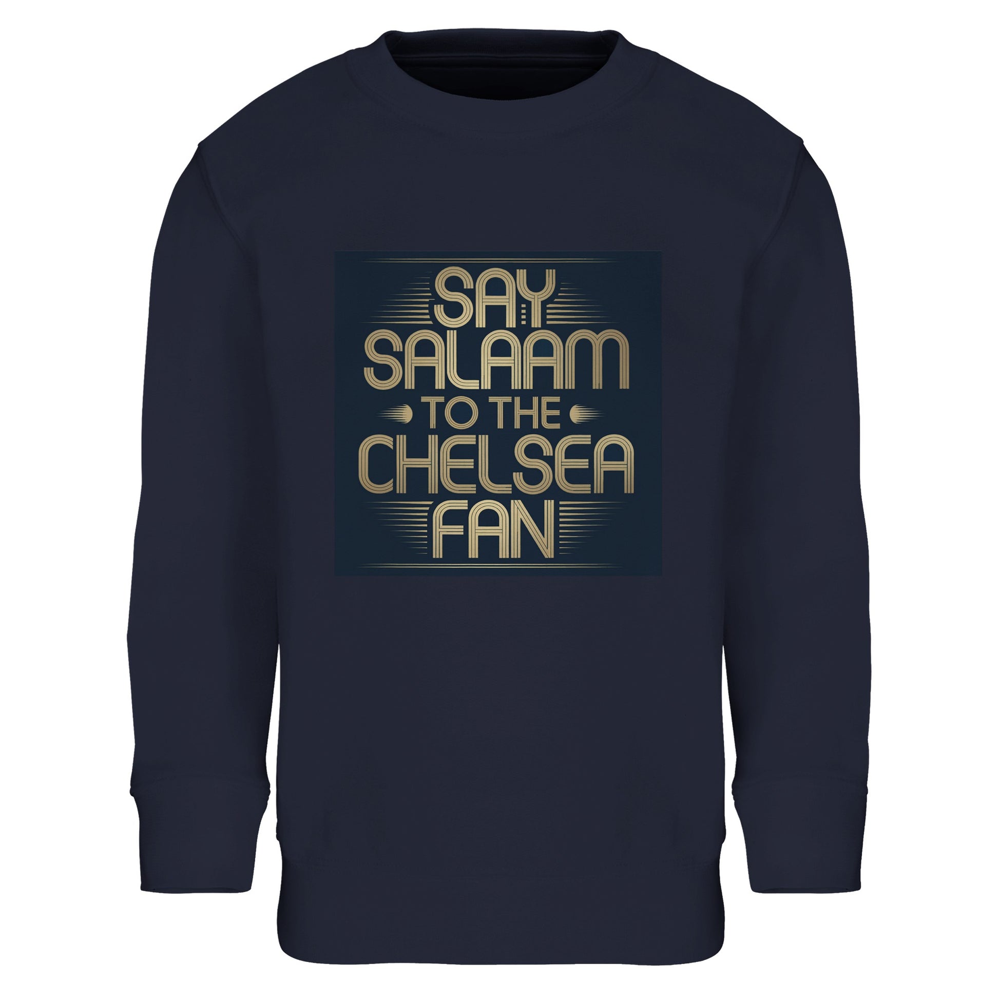 French Navy / Ebony Clay kids sweatshirt displaying the Say Salaam to the Chelsea Fan illustration in a classic deep tone. Created for young Muslim Chelsea fans, it pairs vintage-inspired styling with modern comfort. Warm, soft and durable, it’s ideal for layering on matchday or wearing to school. High quality construction at a cheap price point appeals to parents looking beyond typical Megastore options. A strong Eid or Supporters Group gift choice.