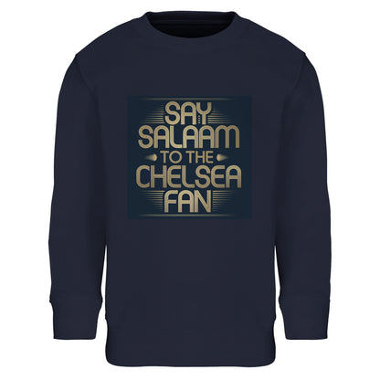 French Navy / Ebony Clay kids sweatshirt displaying the Say Salaam to the Chelsea Fan illustration in a classic deep tone. Created for young Muslim Chelsea fans, it pairs vintage-inspired styling with modern comfort. Warm, soft and durable, it’s ideal for layering on matchday or wearing to school. High quality construction at a cheap price point appeals to parents looking beyond typical Megastore options. A strong Eid or Supporters Group gift choice.