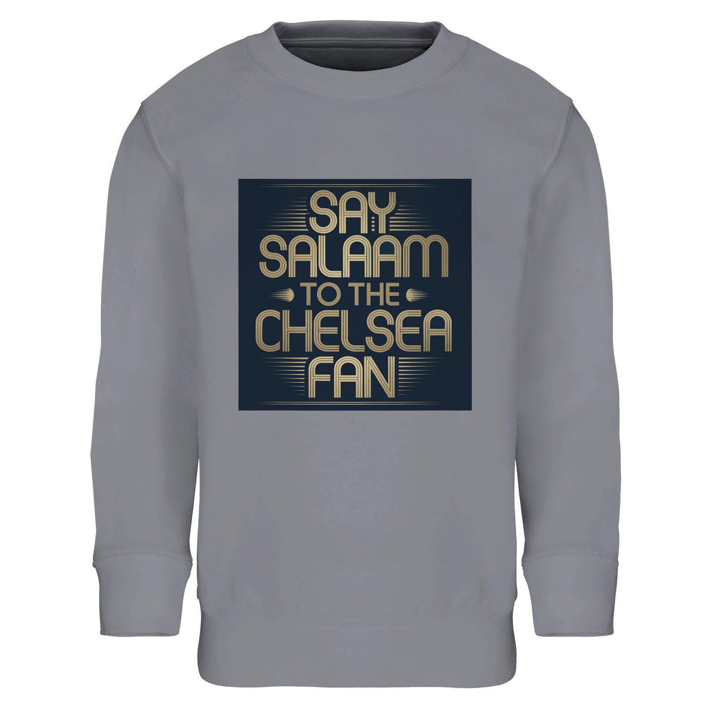 Grey Melange / Heather Grey / Marl Grey / Classic Athletic Grey Blend kids sweatshirt with the Say Salaam to the Chelsea Fan slogan front and centre. Designed for Muslim football supporters who prefer versatile, everyday colours with standout graphics. Warm brushed interior and ribbed cuffs deliver comfort and durability. High quality at an affordable price makes it ideal for active children. A meaningful Eid or Supporters Group gift for Chelsea FC fans.