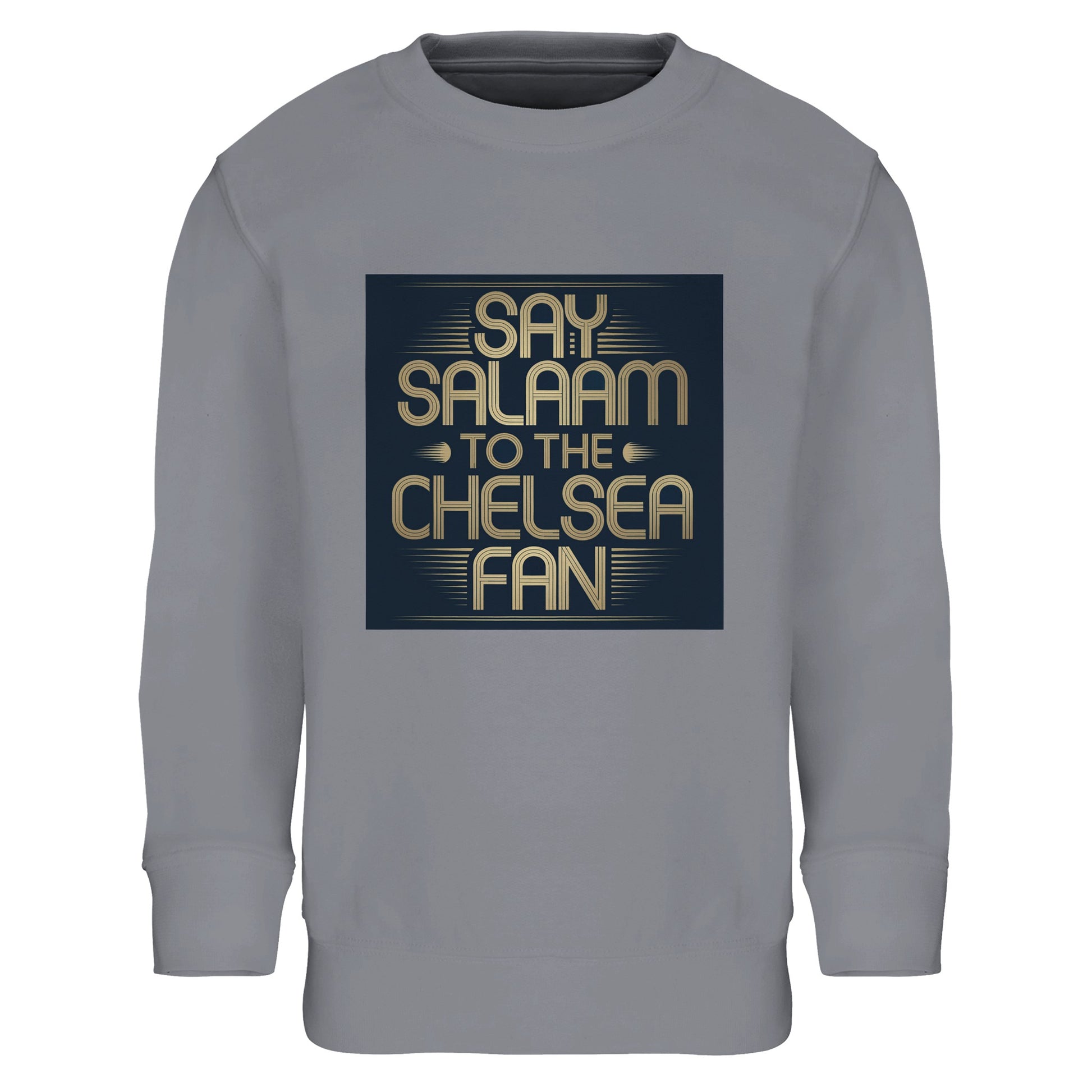 Grey Melange / Heather Grey / Marl Grey / Classic Athletic Grey Blend kids sweatshirt with the Say Salaam to the Chelsea Fan slogan front and centre. Designed for Muslim football supporters who prefer versatile, everyday colours with standout graphics. Warm brushed interior and ribbed cuffs deliver comfort and durability. High quality at an affordable price makes it ideal for active children. A meaningful Eid or Supporters Group gift for Chelsea FC fans.