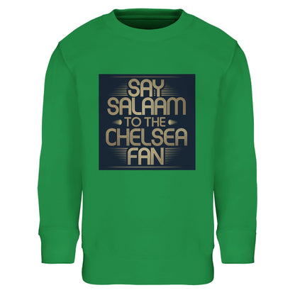 Kelly Green / Spring Green / Sea Green / Eucalyptus kids sweatshirt featuring the bold Say Salaam to the Chelsea Fan square design. Perfect for young Muslim Chelsea supporters who love bright football colours and confident slogans. Soft, warm and comfortable for cooler days, with durable fabric built for everyday wear. High quality finish at a cheap price offers real value. An eye-catching Eid or Supporters Group present celebrating Chelsea FC pride.