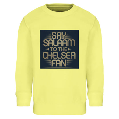Light Yellow / Lemon Chiffon kids sweatshirt showcasing the Say Salaam to the Chelsea Fan graphic in a cheerful tone. Designed for Muslim football fans who want standout colour with cosy comfort. Warm brushed fleece lining and snug ribbed fit make it ideal for school and stadium days. Durable and soft with a high quality feel at an affordable price. A thoughtful Eid or Supporters Group gift for young Chelsea FC supporters.