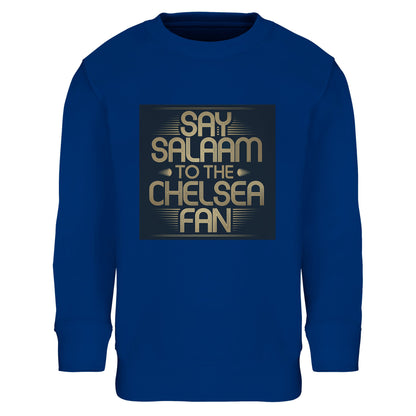 Royal Blue / Dark Midnight Blue kids sweatshirt featuring the Say Salaam to the Chelsea Fan illustration in bold contrast. Created for young Muslim Chelsea supporters who favour classic matchday tones. Comfortable, warm and durable, it layers easily in colder weather and holds its shape through active use. High quality at a cheap price makes it a reliable wardrobe staple. An ideal Eid or Supporters Group gift for loyal Chelsea FC fans.