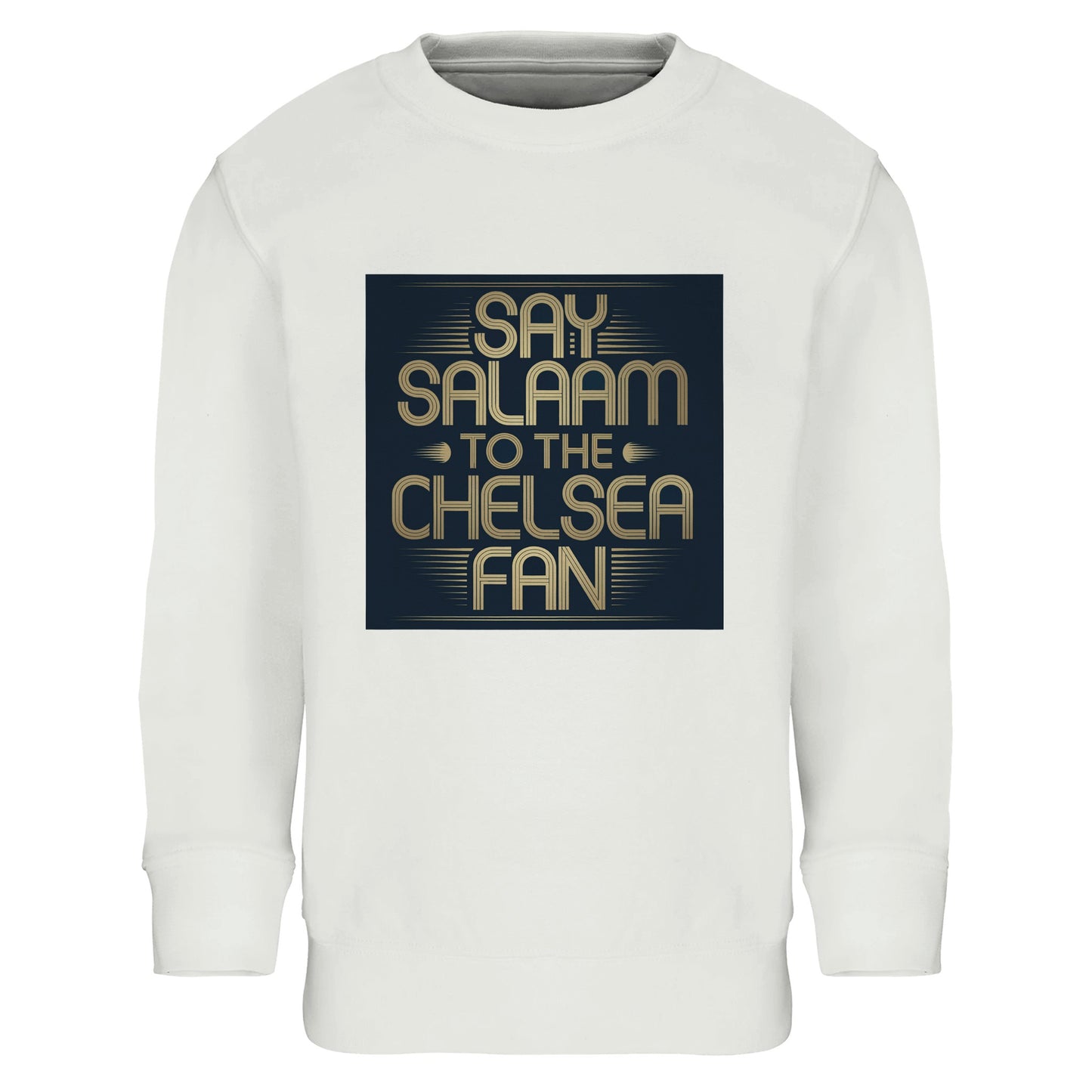White / Platinum kids sweatshirt featuring the bold Say Salaam to the Chelsea Fan square slogan illustration. Designed for young Muslim Chelsea supporters, this warm brushed fleece sweatshirt blends football pride with everyday modest style. Soft, durable and comfortable with a snug ribbed fit, it’s ideal for school, training or matchday. High quality at a cheap price makes it a practical choice for parents. A meaningful Eid or Supporters Group gift celebrating Chelsea FC passion.
