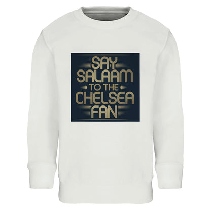 White / Platinum kids sweatshirt featuring the bold Say Salaam to the Chelsea Fan square slogan illustration. Designed for young Muslim Chelsea supporters, this warm brushed fleece sweatshirt blends football pride with everyday modest style. Soft, durable and comfortable with a snug ribbed fit, it’s ideal for school, training or matchday. High quality at a cheap price makes it a practical choice for parents. A meaningful Eid or Supporters Group gift celebrating Chelsea FC passion.