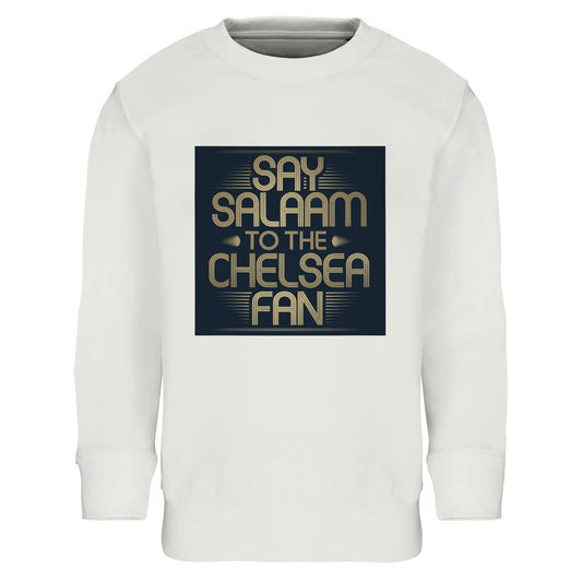 White / Platinum kids sweatshirt featuring the bold Say Salaam to the Chelsea Fan square slogan illustration. Designed for young Muslim Chelsea supporters, this warm brushed fleece sweatshirt blends football pride with everyday modest style. Soft, durable and comfortable with a snug ribbed fit, it’s ideal for school, training or matchday. High quality at a cheap price makes it a practical choice for parents. A meaningful Eid or Supporters Group gift celebrating Chelsea FC passion.