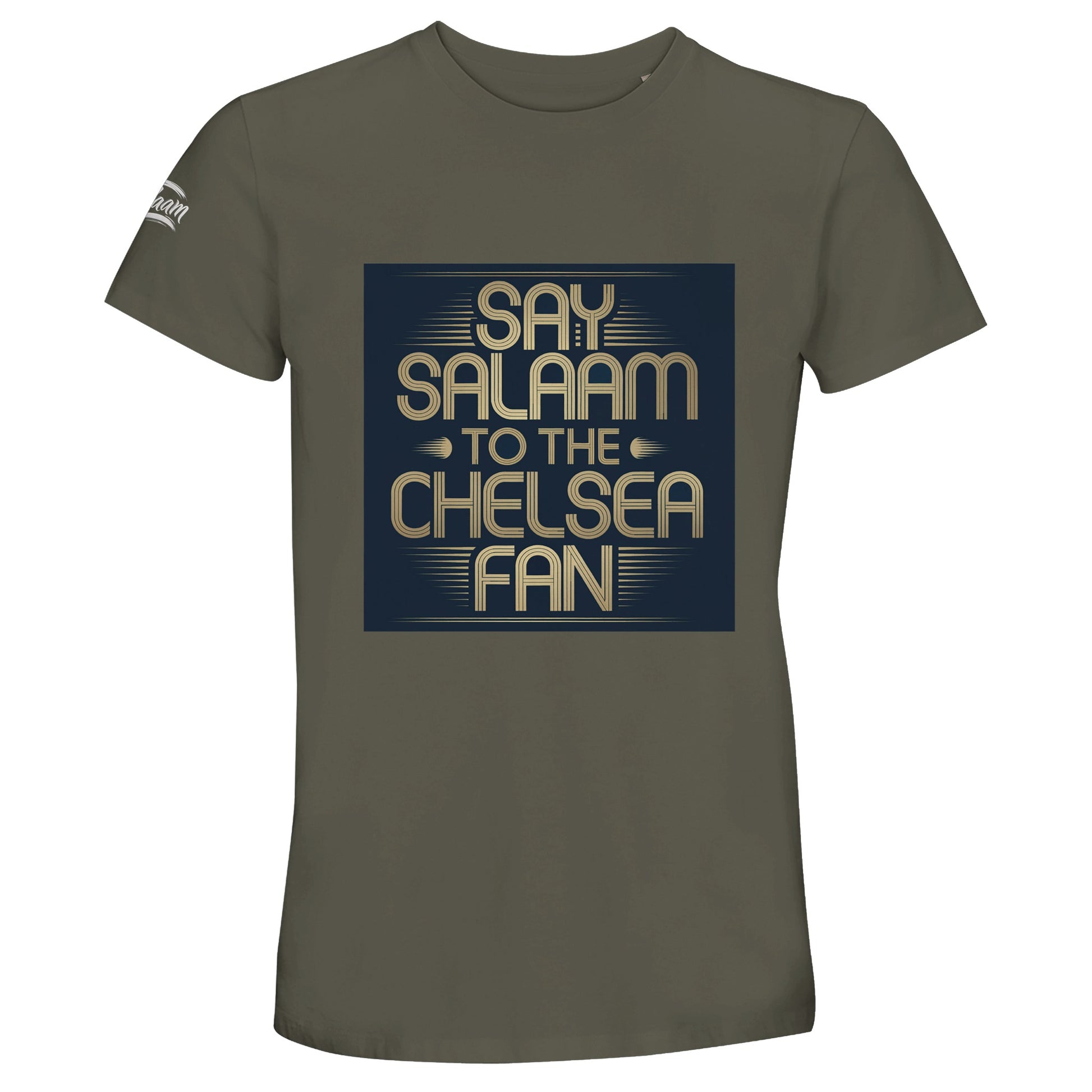 Army / Fuscous Grey unisex cotton t-shirt featuring the Say Salaam to the Chelsea Fan square slogan artwork. Designed for Muslim football fans who prefer understated, streetwear tones with a powerful message. Comfortable crew neck and soft cotton feel make it suitable for stadium days and casual layering. Durable, high quality finish at an affordable price suits supporters searching for reliable Chelsea FC tops outside the Megastore. A stylish Eid or Supporters Group gift choice.