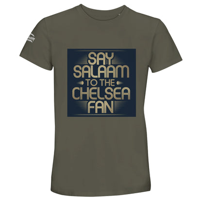 Army / Fuscous Grey unisex cotton t-shirt featuring the Say Salaam to the Chelsea Fan square slogan artwork. Designed for Muslim football fans who prefer understated, streetwear tones with a powerful message. Comfortable crew neck and soft cotton feel make it suitable for stadium days and casual layering. Durable, high quality finish at an affordable price suits supporters searching for reliable Chelsea FC tops outside the Megastore. A stylish Eid or Supporters Group gift choice.
