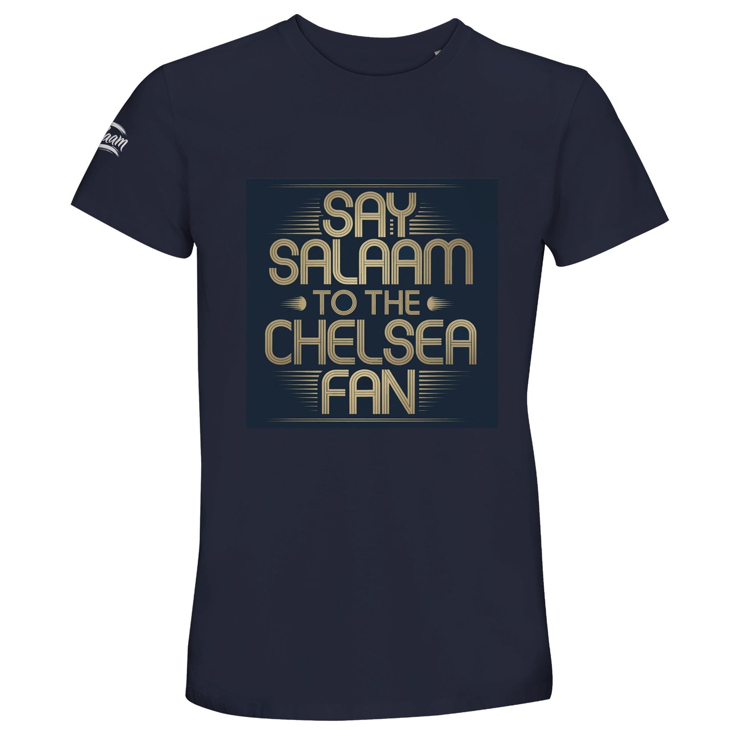 French Navy / Ebony Clay unisex cotton t-shirt with the Say Salaam to the Chelsea Fan graphic in a striking square layout. Created for Muslim football supporters who favour deep, classic tones with standout illustration. Soft crew neck fit and durable fabric ensure comfort on matchday and beyond. High quality at an affordable price makes it popular with fans seeking vintage-style Chelsea looks beyond the Megastore. A confident Eid or Supporters Group gift for Chelsea FC loyalists.