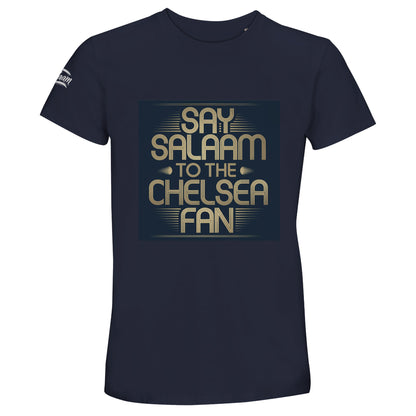 French Navy / Ebony Clay unisex cotton t-shirt with the Say Salaam to the Chelsea Fan graphic in a striking square layout. Created for Muslim football supporters who favour deep, classic tones with standout illustration. Soft crew neck fit and durable fabric ensure comfort on matchday and beyond. High quality at an affordable price makes it popular with fans seeking vintage-style Chelsea looks beyond the Megastore. A confident Eid or Supporters Group gift for Chelsea FC loyalists.