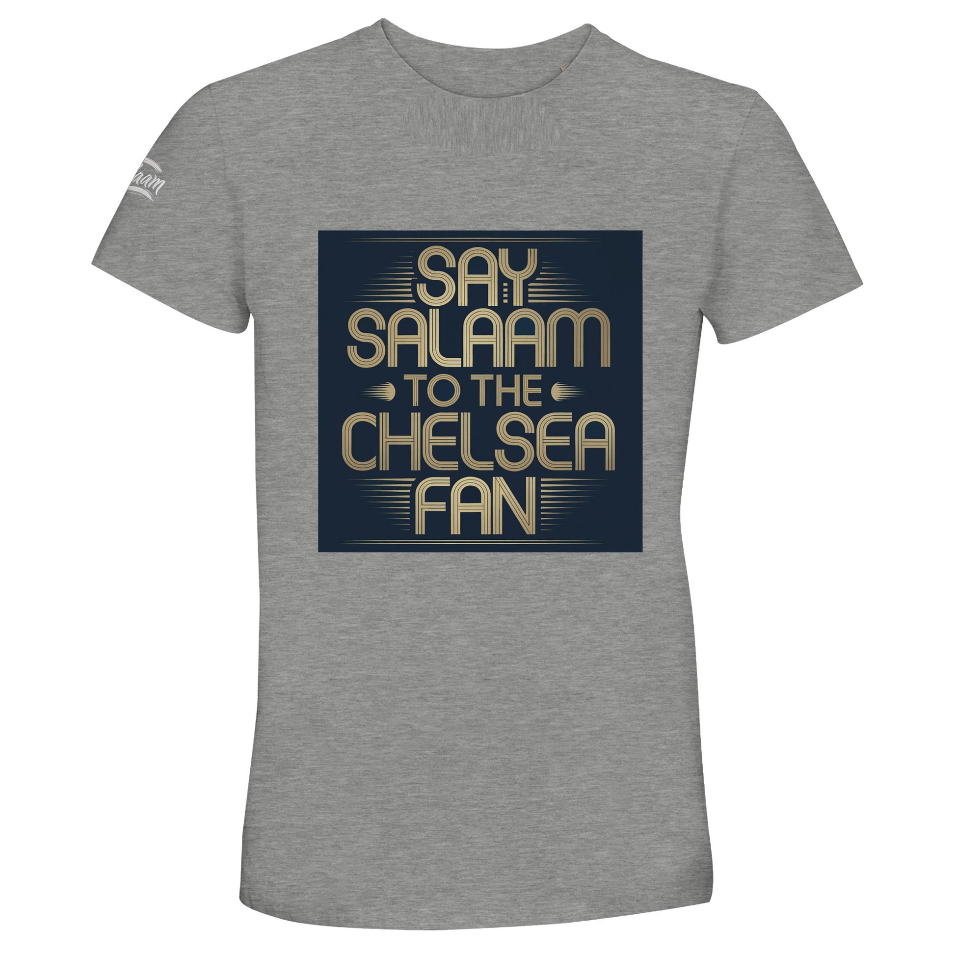 Grey Melange / Heather Grey / Marl Grey / Classic Athletic Grey Blend unisex cotton t-shirt displaying the Say Salaam to the Chelsea Fan illustration in bold contrast. Ideal for Muslim Chelsea supporters wanting a versatile, vintage-inspired football tee. Comfortable, breathable and easy to wear, it delivers high quality at a cheap price fans appreciate. A strong alternative to traditional Megastore options, combining heritage feel with meaningful slogan design. A thoughtful Eid or Supporters Group present.