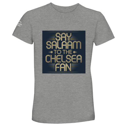 Grey Melange / Heather Grey / Marl Grey / Classic Athletic Grey Blend unisex cotton t-shirt displaying the Say Salaam to the Chelsea Fan illustration in bold contrast. Ideal for Muslim Chelsea supporters wanting a versatile, vintage-inspired football tee. Comfortable, breathable and easy to wear, it delivers high quality at a cheap price fans appreciate. A strong alternative to traditional Megastore options, combining heritage feel with meaningful slogan design. A thoughtful Eid or Supporters Group present.
