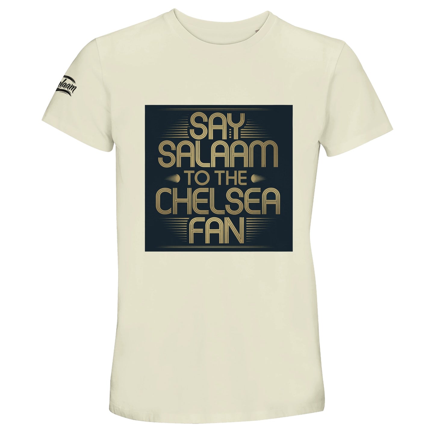 Natural / Moon Mist / Satin Linen / Beige unisex cotton t-shirt showcasing the Say Salaam to the Chelsea Fan block graphic. Perfect for Muslim football supporters who prefer neutral tones with a confident slogan. Comfortable crew neck fit and soft feel make it ideal for stadium visits or casual wear. High quality construction at an affordable price appeals to fans seeking vintage-style Chelsea looks beyond the Megastore. A thoughtful Eid or Supporters Group present celebrating Chelsea FC pride.