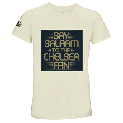 Natural / Moon Mist / Satin Linen / Beige unisex cotton t-shirt showcasing the Say Salaam to the Chelsea Fan block graphic. Perfect for Muslim football supporters who prefer neutral tones with a confident slogan. Comfortable crew neck fit and soft feel make it ideal for stadium visits or casual wear. High quality construction at an affordable price appeals to fans seeking vintage-style Chelsea looks beyond the Megastore. A thoughtful Eid or Supporters Group present celebrating Chelsea FC pride.