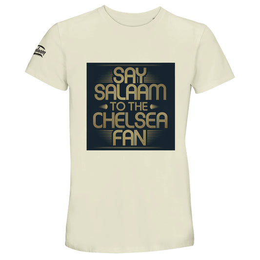 Natural / Moon Mist / Satin Linen / Beige unisex cotton t-shirt showcasing the Say Salaam to the Chelsea Fan block graphic. Perfect for Muslim football supporters who prefer neutral tones with a confident slogan. Comfortable crew neck fit and soft feel make it ideal for stadium visits or casual wear. High quality construction at an affordable price appeals to fans seeking vintage-style Chelsea looks beyond the Megastore. A thoughtful Eid or Supporters Group present celebrating Chelsea FC pride.